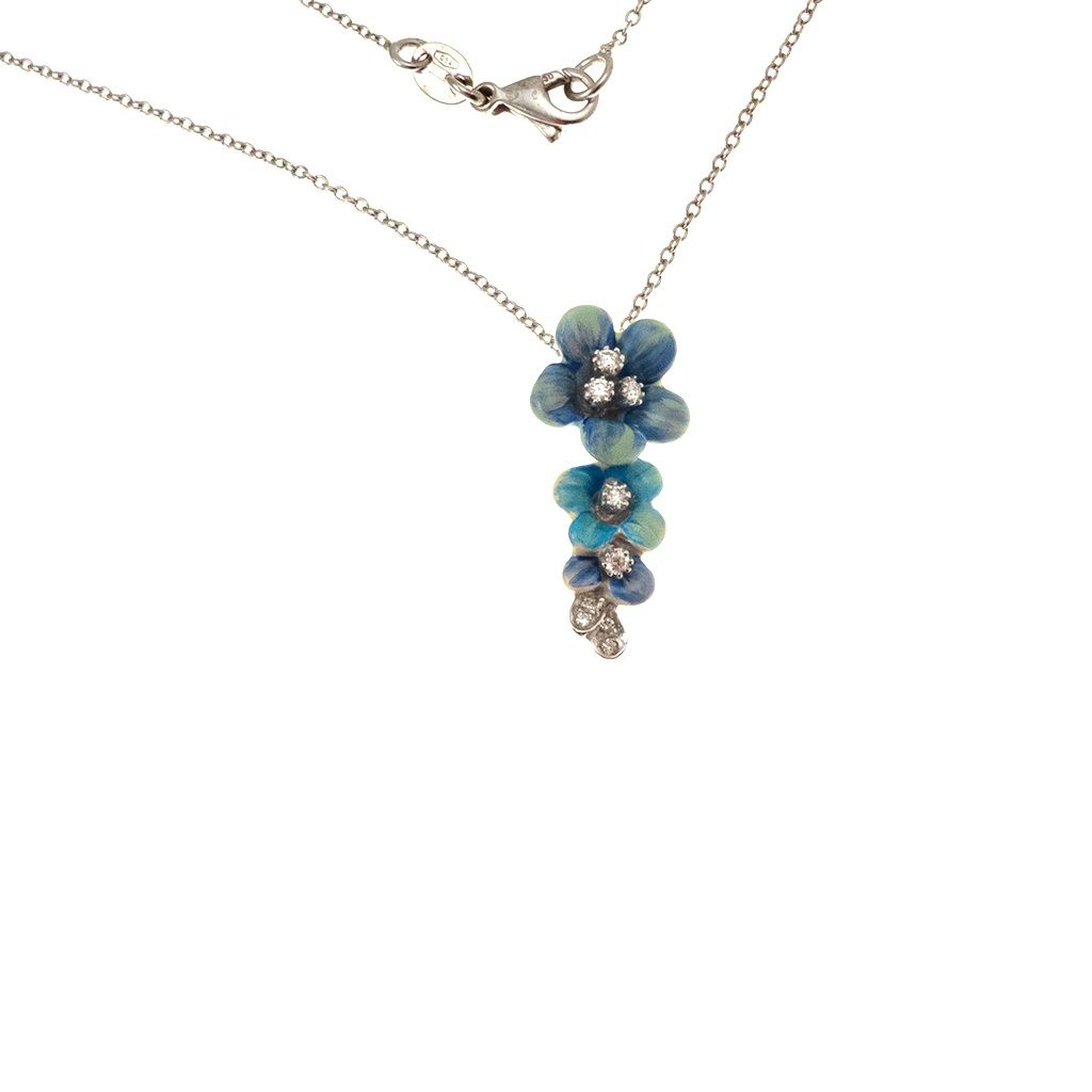 White Gold Necklace with three sky-blue enamelled Flowers Pendant set with Diamonds