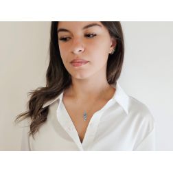 photo of worn White Gold Necklace with three sky-blue enamelled Flowers Pendant set with Diamonds