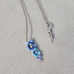 White Gold Necklace with three sky-blue enamelled Flowers Pendant set with Diamonds