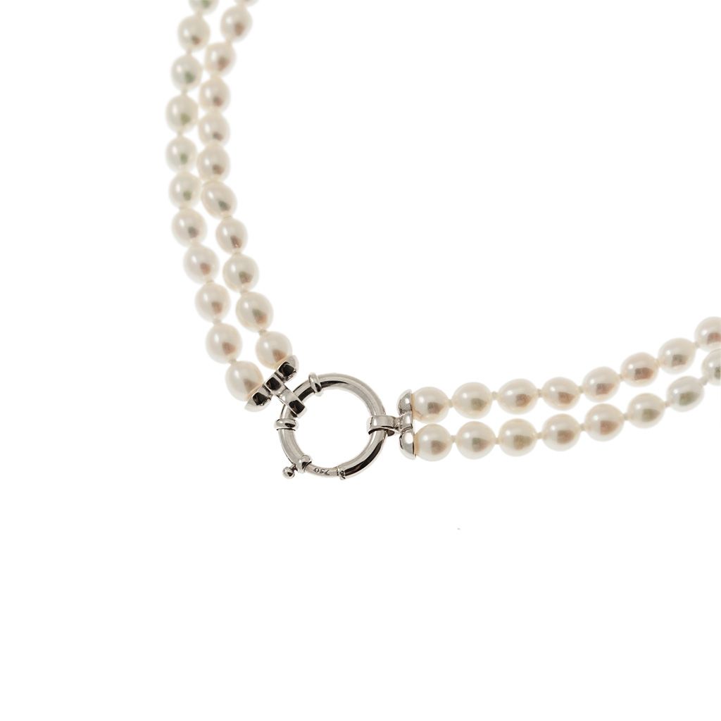 Collana Perle Fresh Water doppio filo ciambellotto in Oro Bianco