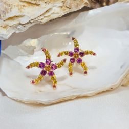 Starfish Earrings with Rhodolites, Yellow Topaz, Mandarin and Yellow Sapphires on Rose Gold