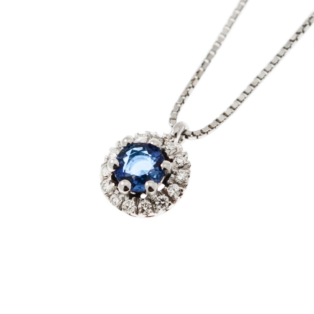 Girocollo Veneta 0.7mm Punto Luce Zaffiro Blu Contornato Oro Bianco - 7mm