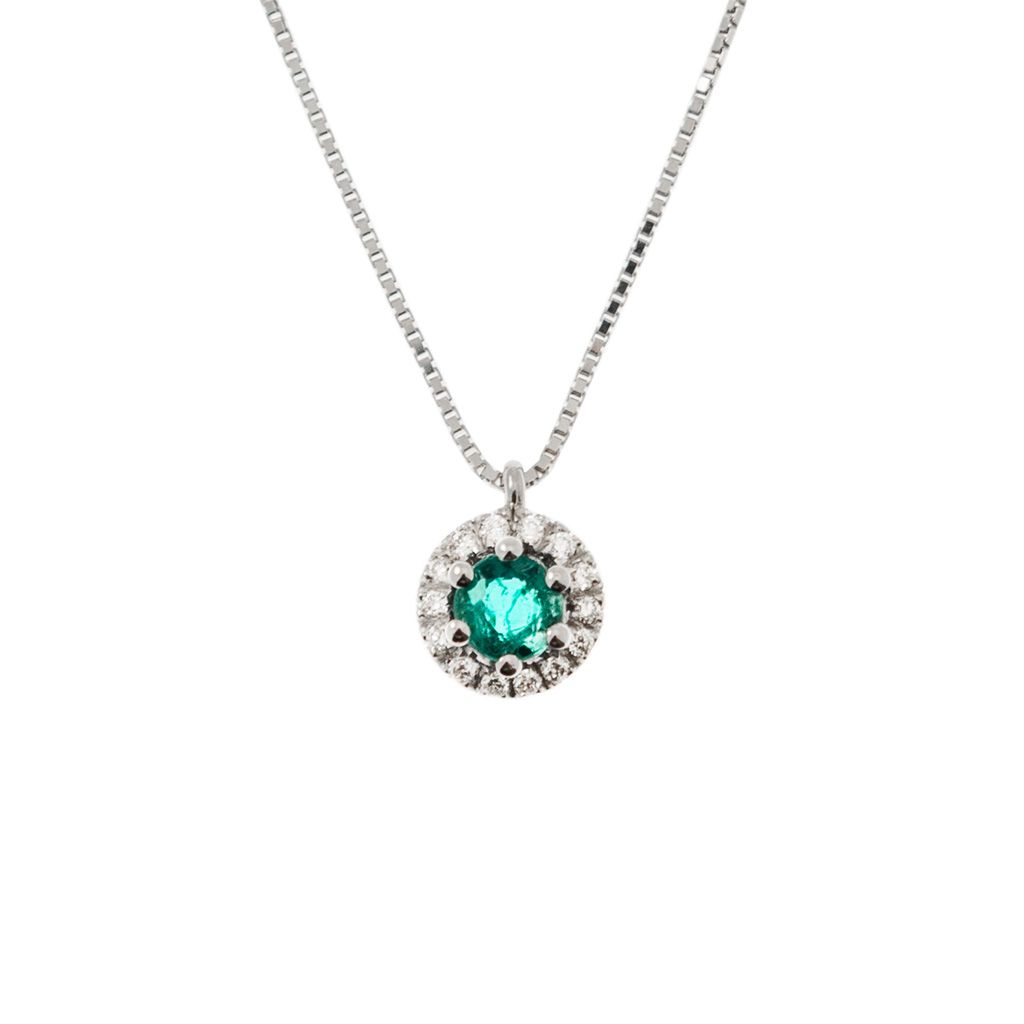 Veneta 0.7mm Necklace Emerald ‘Punto Luce’ Set in White Gold – 7mm