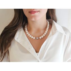 Photo of worn Graded Freshwater Pearl Necklace (11mm – 14mm) in White Gold – 43cm