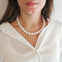 Photo of worn Graded Freshwater Pearl Necklace (11mm – 14mm) in White Gold – 43cm