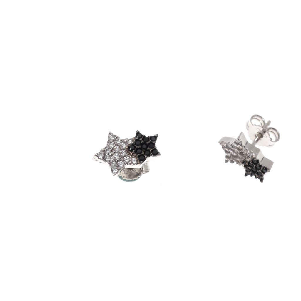 Double star shaped earrings white and black zircons on white gold
