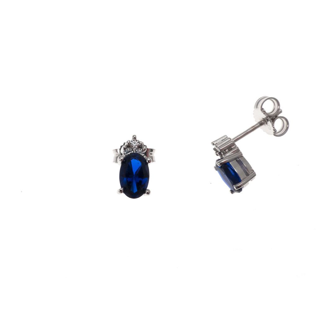 Blue oval and 3 zircons Earrings in White Gold