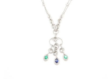 Collana laccetto con diamanti e ovali smeraldo e zaffiro