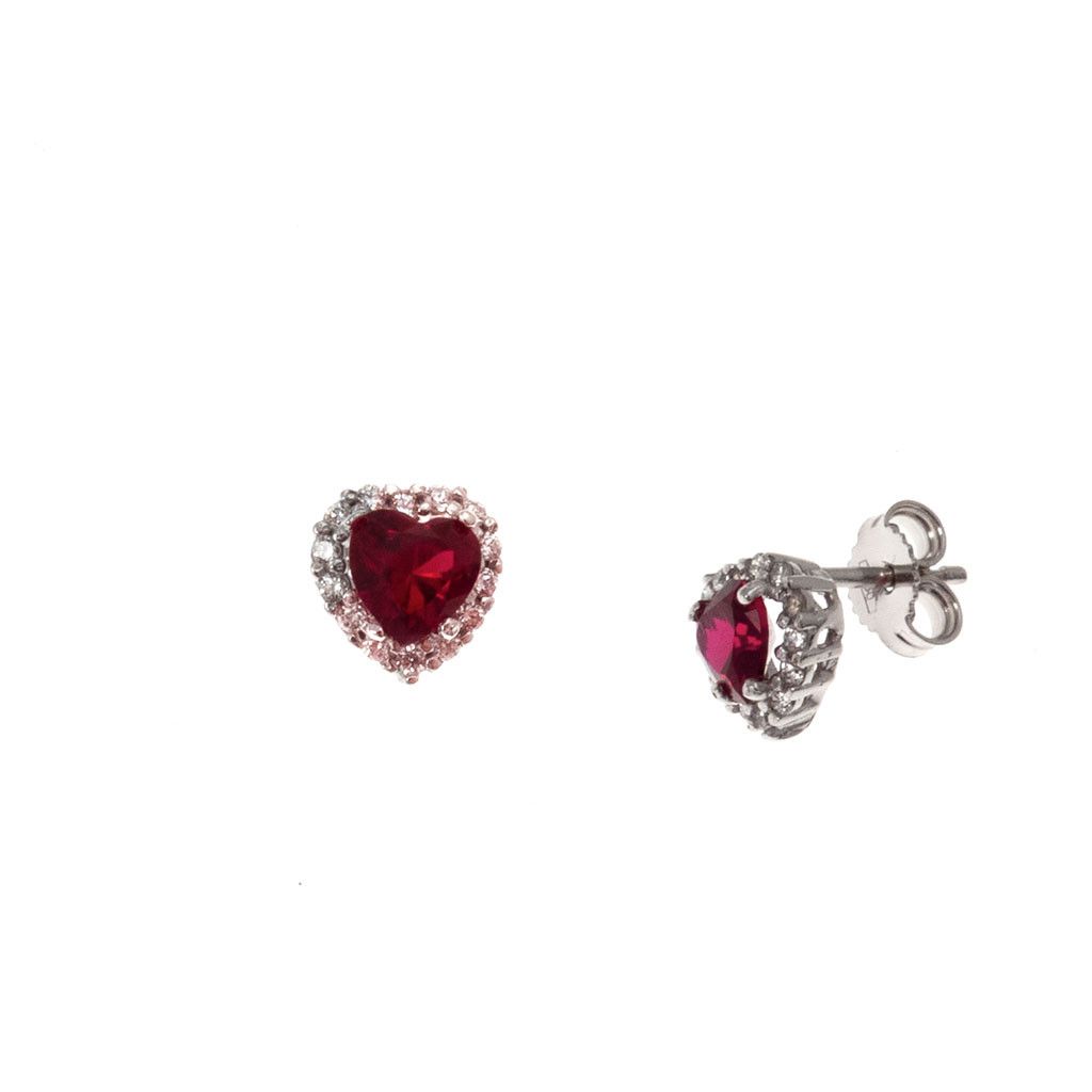 Red heart earrings in 18kt white gold with zircons