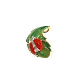 Gold Ladybug on Bronze Leaf Pendant