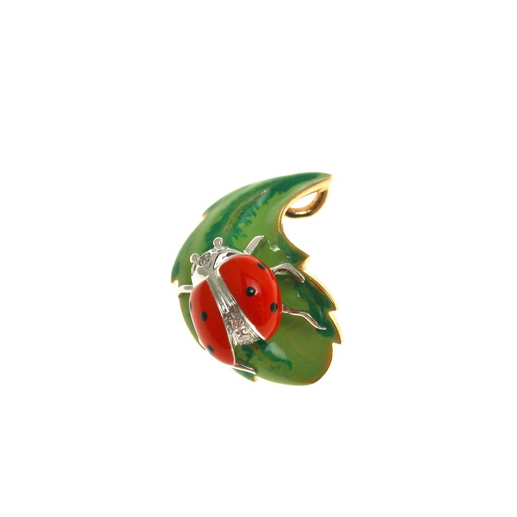 Gold Ladybug on Bronze Leaf Pendant