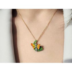 Orange Butterfly on leaf Pendant