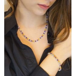 Photo of worn Multicolour Tennis Necklace with Amethyst, Peridot, Topaz and Aquamarine