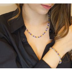 Photo of worn Multicolour Tennis Necklace with Amethyst, Peridot, Topaz and Aquamarine