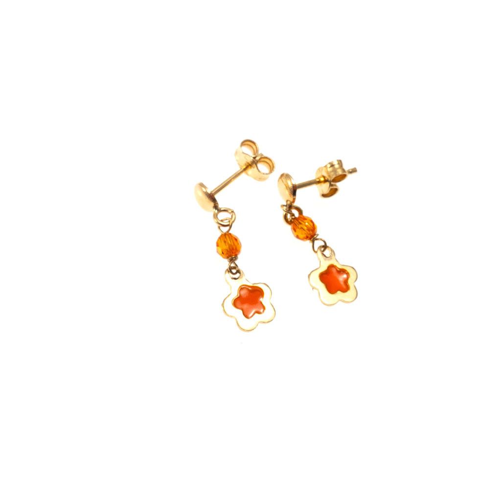 Flower earrings with enamel and Orange Stone